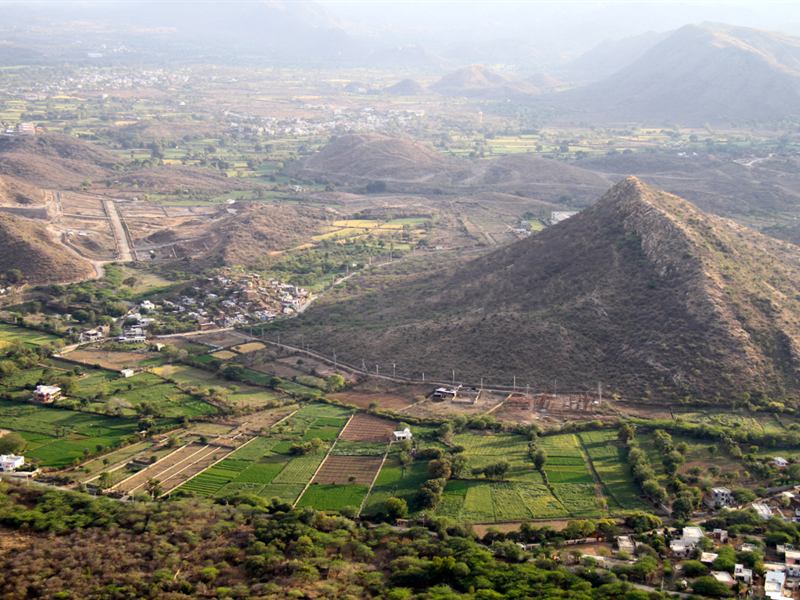 Farm fields and villages in the Aravalli hills of Rajasthan