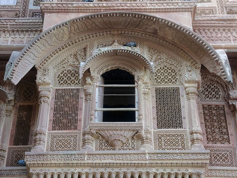 Finely carved sandstone window and jali screens at Mehrangarh, Jodhpur