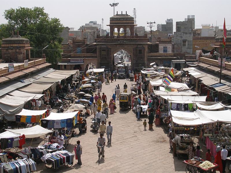 Sardar Market, Jodhpur, seen from above with stalls and the Girdikot gate